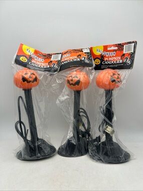 3-VTG 90s Blow Mold Candolier Halloween Jack-O-Lantern Pumpkin 10” Double Sided